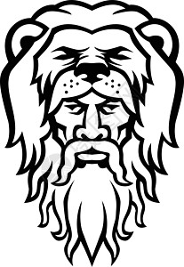 英雄头海克力士 穿着狮子皮毛领头马斯科特黑白插图神话品牌英雄艺术品体育吉祥物标识毛皮卡通片设计图片