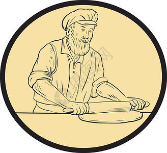 手工制作面包中世纪贝克面包滚动派奥瓦尔绘图别针胡子刮板胡须手工面包师帽子面团手绘擀面杖设计图片