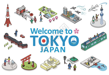 欢迎来到日本东京 几度矢量说明 东京城市日本游客建筑汉子火车企鹅和服神社樱花旅游等距设计图片
