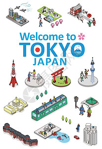 东京地标欢迎来到日本东京 几度矢量说明 东京城市日本插图相扑建筑和服浅草地标旅行牌坊火车国家设计图片