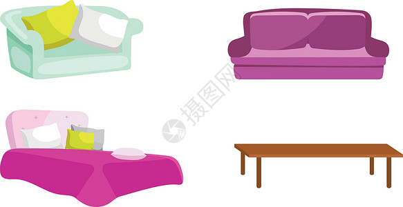 长床床间和客厅家具平板彩色矢量物体寝具乳腺插图长沙发桌子公寓休息室胸部剪贴座位设计图片