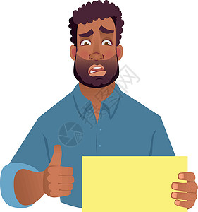 黑色爆炸卡非洲男子持有空白卡懦夫口号卡通片办公室老板男性衬衫黑人男人木板设计图片