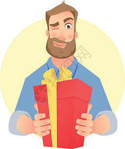 持红色现装箱的男子纪念日惊喜庆典商务展示衬衫男性假期男人胡须设计图片