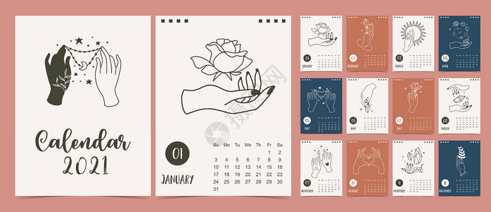 日历卡可爱的2021年日历 手 花 可打印 印卡设计图片