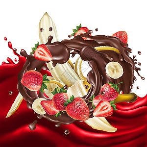 巧克力草莓香蕉草莓巧克力飞溅和果汁浪潮设计图片