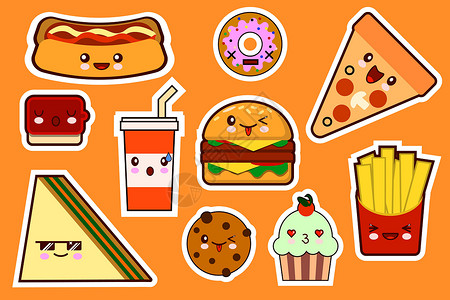 乐趣贴纸快速食品时装 卡通卡瓦伊贴纸图解图标集 汉堡 披萨 三明治 蛋糕设计图片
