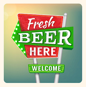绿色啤酒Retro Neon 信号啤酒假期旅馆广告插图天空路标招牌历史性风景旅游设计图片