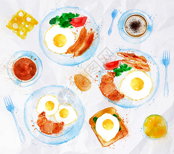 法式早餐早餐设置鸡蛋水彩画设计图片