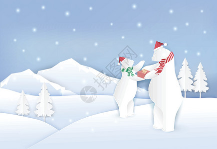 带礼物盒和雪纸艺术风格的家庭北极熊背景图片