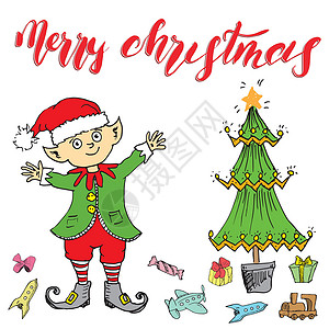 戴圣诞帽精灵圣诞快乐 用精灵手画的矢量插图假期松树手绘绘画书法小精灵写作庆典乐趣季节设计图片