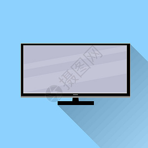 高清电视素材带有长长的阴影的电视图标 蓝色背景上的平面设计液体电脑插图技术互联网娱乐展示屏幕监视器视频设计图片