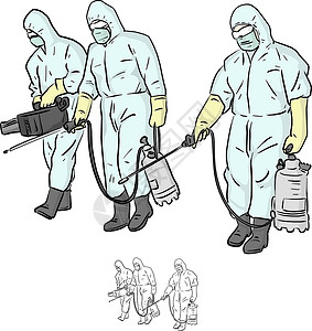 消毒插图3名防护服喷洒消毒剂专家 含设计图片