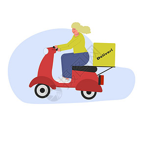 女骑装金发女信使 没有戴头盔的快递员 坐在摩托车上 用平板风格的矢量插图设计图片