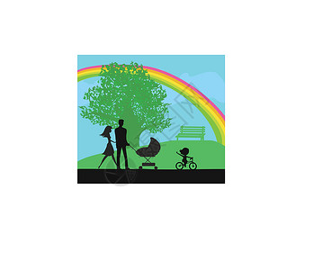 公园散步遛狗家人在公园散步孩子运动儿子卡通片女孩家庭头发婴儿城市家长设计图片