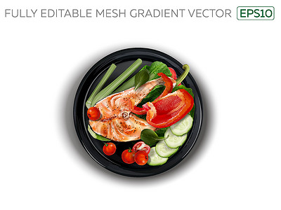 黄瓜鱼黑盘上有蔬菜的红鱼食物插图菠菜美食营养厨房午餐饮食小吃烹饪设计图片