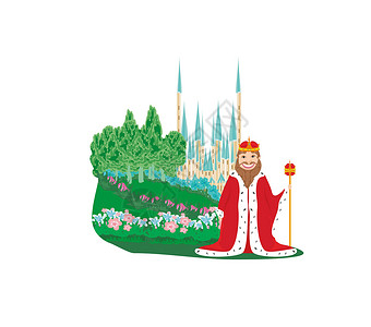 国王的演讲国王在城堡前微笑衣服旗帜爬坡建筑权杖贵族生物王国绘画设计图片