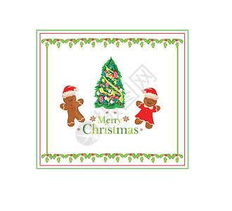 快乐圣诞宝宝圣诞卡 配着姜饼 装饰圣诞节的圣诞树假期插图星星幸福耳套婴儿吉祥物问候语邀请函推介会设计图片