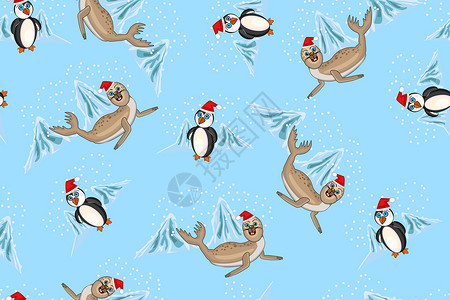 圣诞老人全身底与企鹅和蓝底海豹的无缝模式设计图片