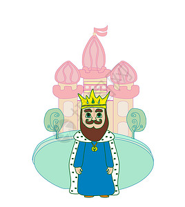 魅力男人国王在城堡前旗帜爬坡衣服建筑快乐魅力魔法树木手绘裙子设计图片