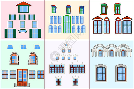 忻州拱辰门在颜色背景上隔离的一组不同窗口设计图片