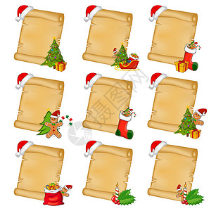 水平滚动字幕圣诞羊皮纸卷轴镶有装饰品 用于圣诞贺卡的旧空纸莎草纸 带有圣诞树礼物和其他圣诞符号的垂直背景 装饰有圣诞帽设计图片