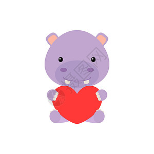 紫色小熊玩偶可爱有趣的河马与白色背景上的心 祝贺情人节贺卡邀请墙装饰贴纸的卡通动物角色 炫彩矢量股票插画设计图片