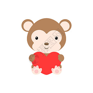爱妃苹果可爱有趣的猴子用白色背景上的心 卡通动物角色祝贺圣情人节 贺卡 邀请函 墙壁装饰 贴纸 炫彩矢量图设计图片