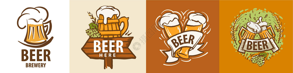 麦芽啤酒不同背景的一组啤酒杯标牌矢量图设计图片