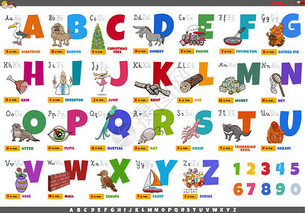 动物援助带有卡通人物和对象教育 se 的字母表收藏学校字体游戏工作孩子们英语意义插图援助设计图片