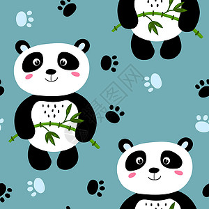 吃竹子的熊猫与可爱的熊猫宝宝在彩色背景上的无缝模式 有趣的亚洲动物 卡片 儿童明信片 织物 纺织品 壁纸 海报 礼品包装纸的平面矢量图土著漫设计图片