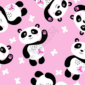 迪熊壁纸与可爱的熊猫宝宝在彩色背景上的无缝模式 有趣的亚洲动物 卡片 儿童明信片 织物 纺织品 壁纸 海报 礼品包装纸的平面矢量图吉祥物设计图片