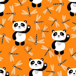 树杈上熊猫无缝图案与可爱的熊猫宝宝和蜻蜓在彩色背景上 有趣的亚洲动物 卡片 儿童明信片 织物 纺织品 壁纸 海报 包装纸的平面矢量图艺术漫设计图片
