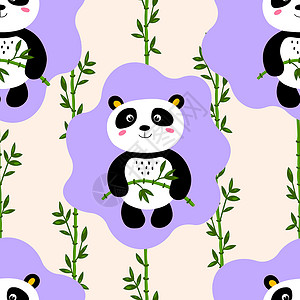吃竹子熊猫与可爱的熊猫宝宝在彩色背景上的无缝模式 有趣的亚洲动物 孩子们的明信片 织物纺织品墙纸海报礼品包装纸的平面矢量图假期打印妈妈艺术设计图片
