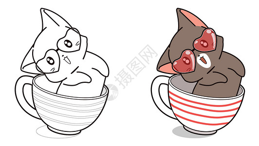 猫咪咖啡杯子卡通彩色页面中的可爱猫猫咪品种宠物婴儿插图孩子乐趣艺术绘画涂鸦设计图片