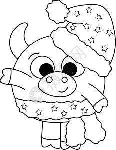 压着孩子的书戴着圣诞帽的可爱公牛 黑白相间设计图片