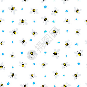 翅膀鲜花结蜜蜂和鲜花在白色背景上的无缝模式 可爱的卡通黄蜂角色 邀请函 卡片 纺织品 织物的模板设计 涂鸦风格 矢量库存插图绘画昆虫吉祥物设计图片