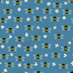 翅膀鲜花结米色背景上有蜜蜂和鲜花的无缝图案 可爱的卡通黄蜂角色 邀请函 卡片 纺织品 织物的模板设计 涂鸦风格 矢量股票图吉祥物熊蜂翅膀墙设计图片