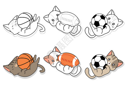 国内的猫可爱的猫和运动器材卡通儿童着色页设计图片
