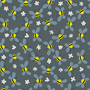 动与静与蜜蜂和花在灰色背景上的无缝模式 可爱的卡通黄蜂角色 邀请函 卡片 纺织品 织物的模板设计 涂鸦风格 矢量股票图吉祥物蜂蜜艺术动设计图片