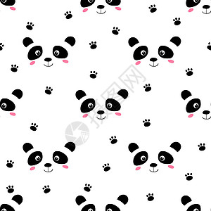 熊猫脚印与可爱的熊猫宝宝在白色背景上的无缝模式 有趣的亚洲动物 孩子们的明信片 织物纺织品墙纸海报礼品包装纸的平面矢量图插图哺乳动物艺术设计图片