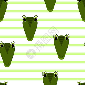 鳄鱼矢量为孩子们设计的矢量平面动物色彩丰富的插画 白色条纹背景上有可爱鳄鱼脸的无缝图案 可爱的卡通人物 卡片 海报 织物 纺织品的设计设计图片