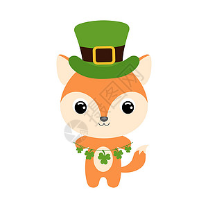 戴围巾的动物戴着绿色妖精帽子的可爱狐狸 卡通可爱的动物与三叶草 白色背景上的矢量圣帕特里克节插图 爱尔兰节日民俗主题设计图片