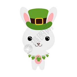 戴蝴蝶结的兔子戴着绿色妖精帽子的可爱兔子 卡通可爱的动物与三叶草 白色背景上的矢量圣帕特里克节插图 爱尔兰节日民俗主题设计图片
