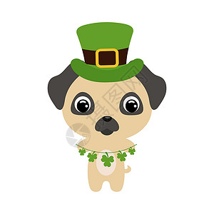 戴着铃铛的狗戴着绿色妖精帽子的可爱哈巴狗 卡通可爱的动物与三叶草 白色背景上的矢量圣帕特里克节插图 爱尔兰节日民俗主题设计图片