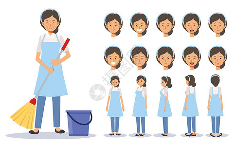 职业清洁工老太太的矢量插图集是管家 清洁工在各种行动 情绪表达 视图动画角色设计图片