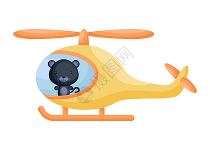 卡通直升机黄色直升机的逗人喜爱的小黑豹飞行员 儿童读物专辑的卡通人物婴儿淋浴贺卡派对邀请屋内部 矢量股票图设计图片