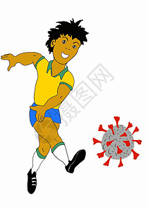 一名身穿巴西制服的男孩足球运动员踢出 covid-19 病毒设计图片