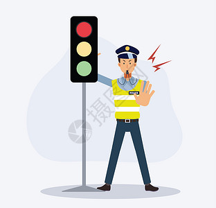 背着手交警红绿灯附近的交警更是举手拦住闯红灯的车辆 平面矢量卡通人物设计图片