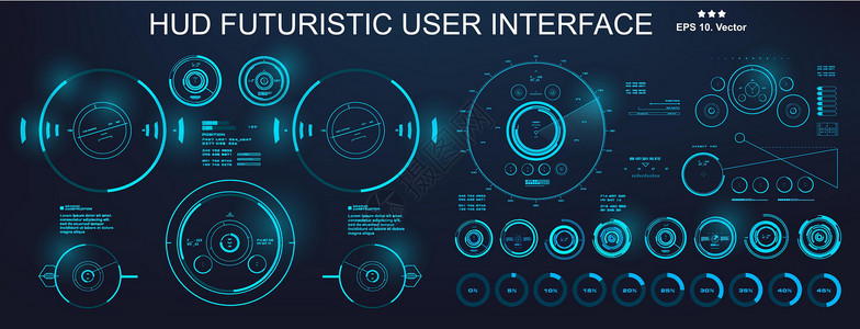 科幻未来派 hud 仪表板显示虚拟现实技术 scree显示器蓝色数据控制板控制柜台插图用户设计展示背景图片