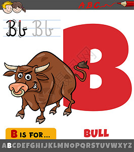 带有卡通牛阿尼玛的字母表中的字母 B设计图片
